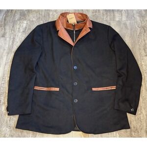 New Manly Black Faux Leather Trim Jacket Mens 2XL Retro Double Collar Western